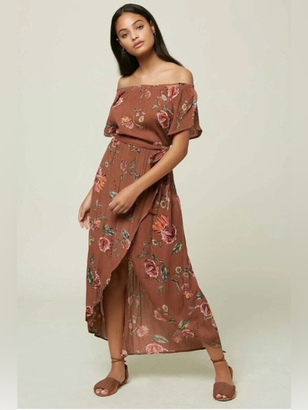 O'Neill Conners Off The Shoulder Midi Dress Crinkle Gauze Floral Boho Pink Brown